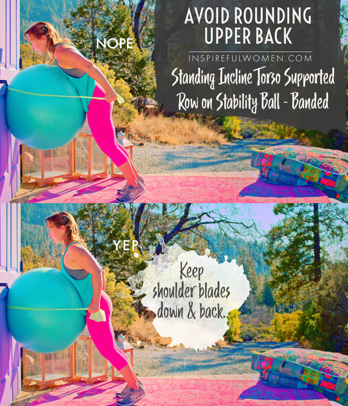 avoid-rounding-upper-back-standing-incline-stability-ball-resistance-band-row-proper-form