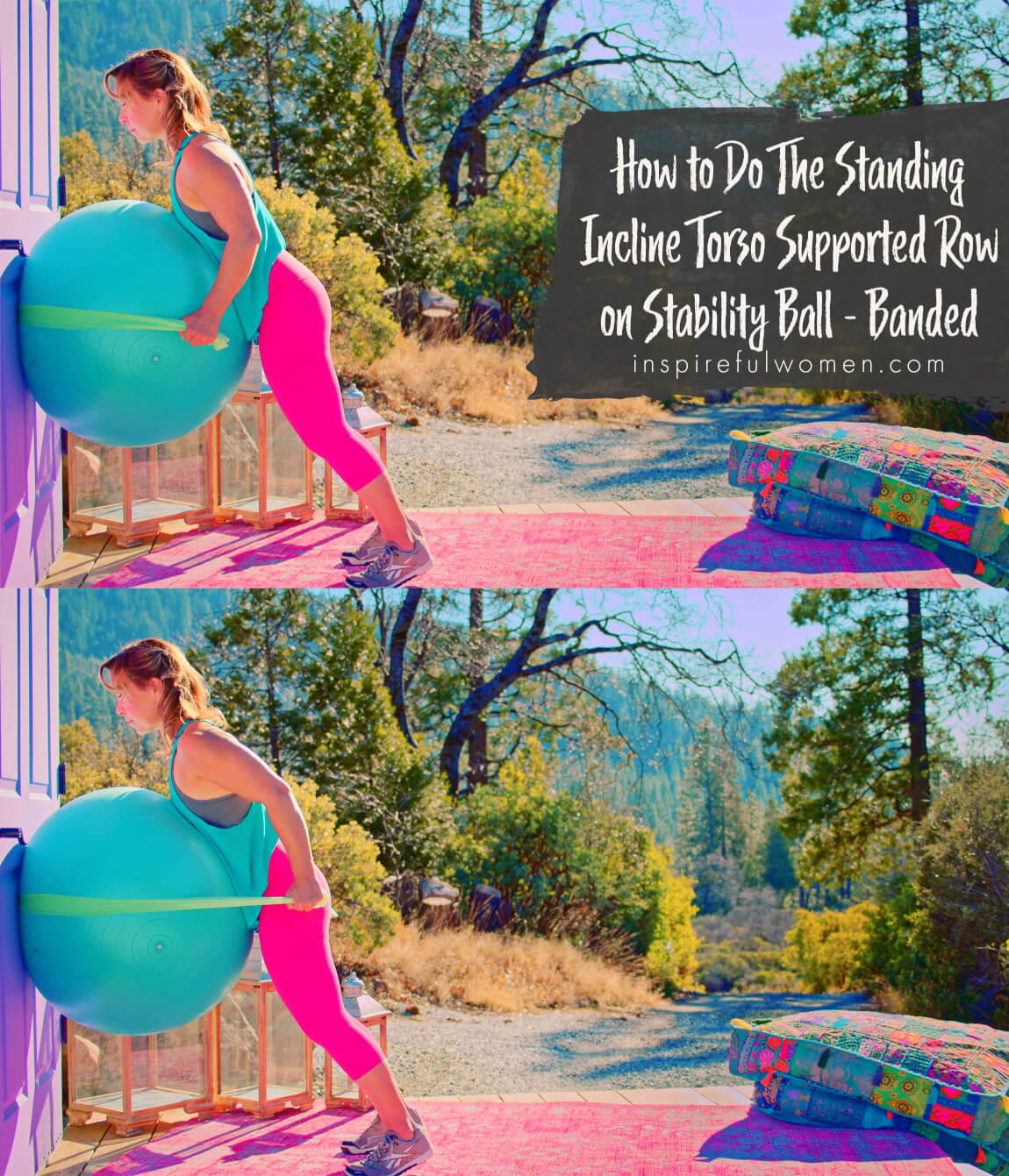 how-to-do-standing-incline-torso-supported-banded-row-stability-ball-exercise-at-home-women-40-plus