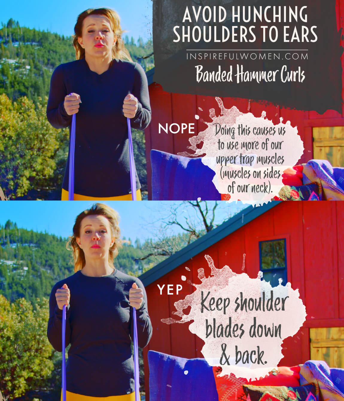 avoid-hunching-shoulders-to-ears-resistance-band-hammer-curls-common-mistakes