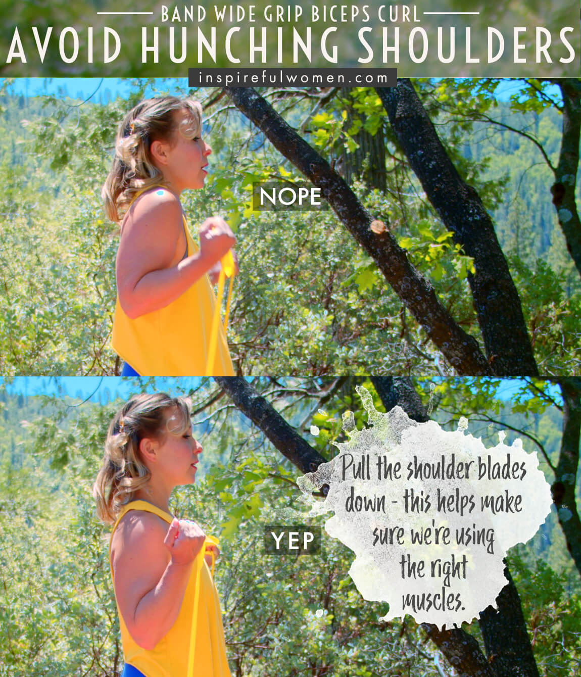 avoid-hunching-shoulders-wide-grip-banded-bicep-curl-short-head-exercise-common-mistakes