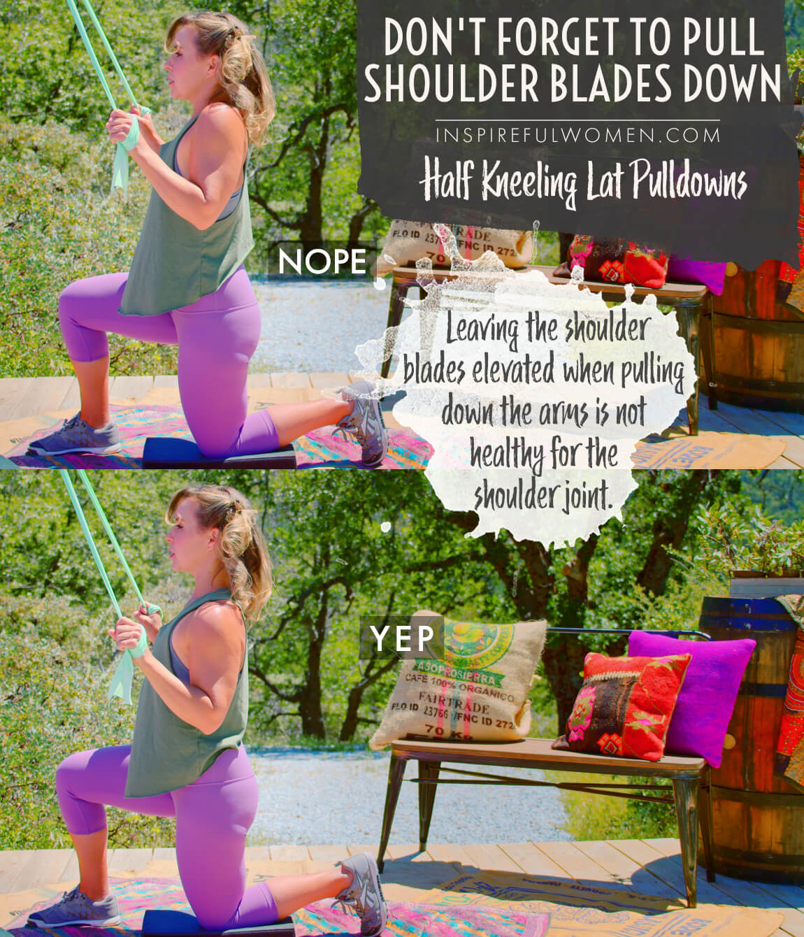 avoid-shoulders-hunching-half-kneeling-banded-lat-pulldowns-home-back-exercise-common-mistakes